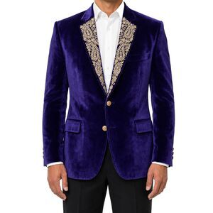 Mens 44R Purple Velvet Blazer Hand Embroidered Paisley Lapel Wedding Tuxedo